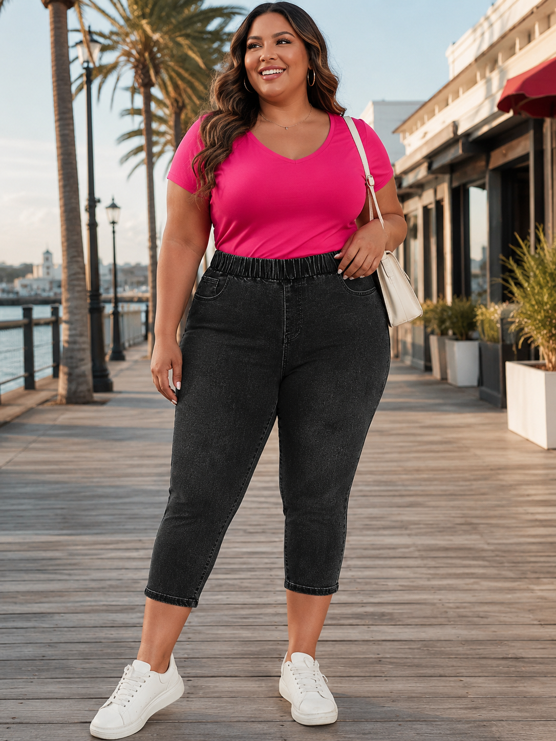 Suzanna Pull On Plus Size Jean Capris in Black
