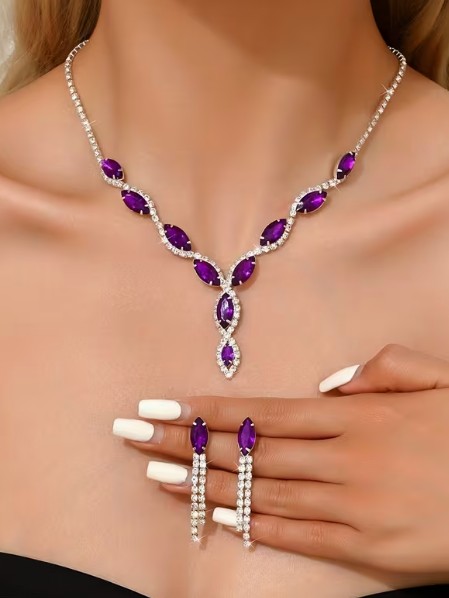 Jewel & Rhinestone Necklace and Earring Set, earrings, front view