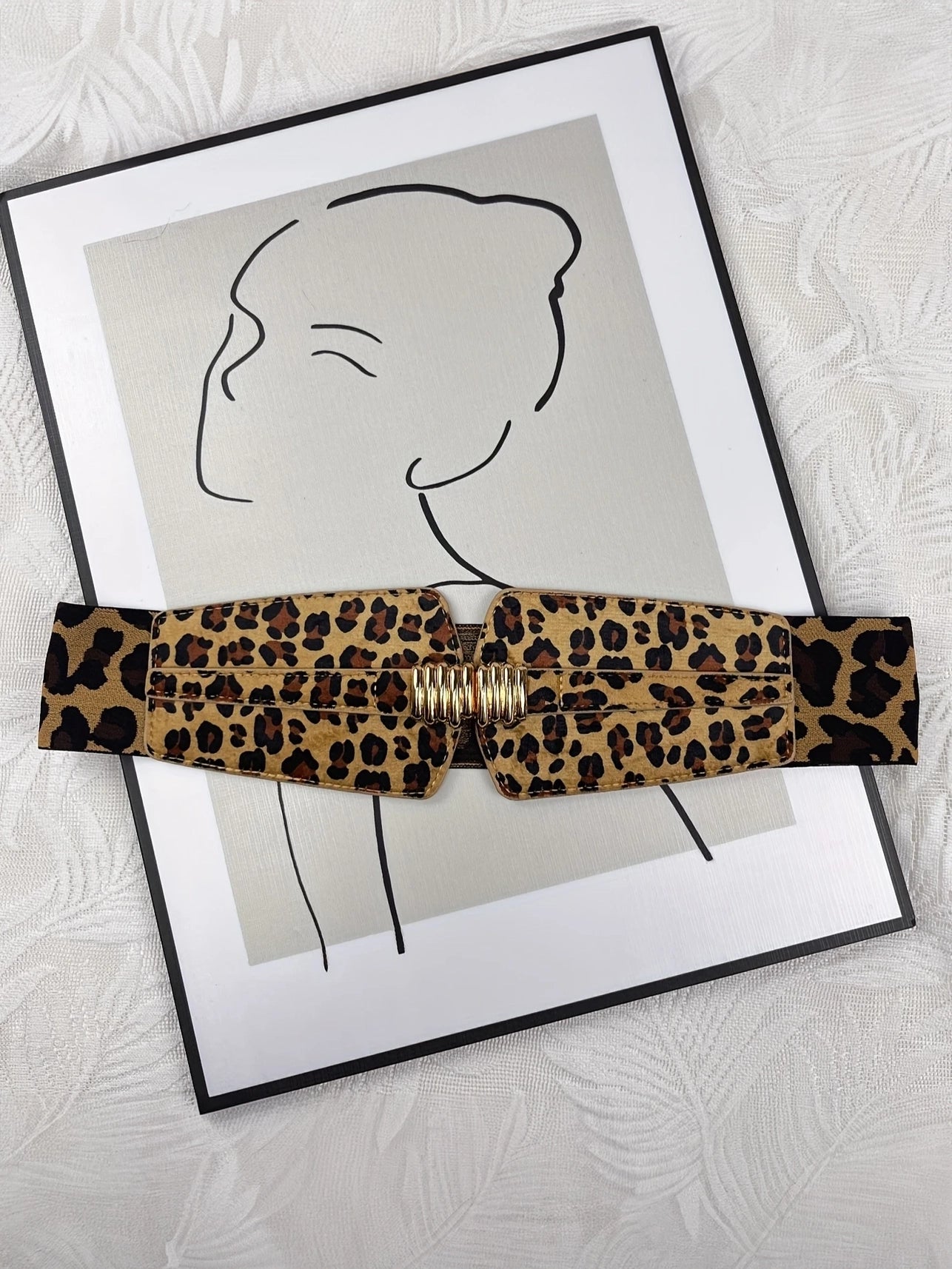 Leopard Plus Size Wide Elastic Belt with Metal Clasp, belt, front view