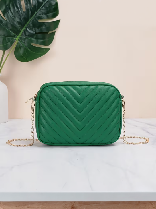 Green Chevron Quilted Crossbody Bag