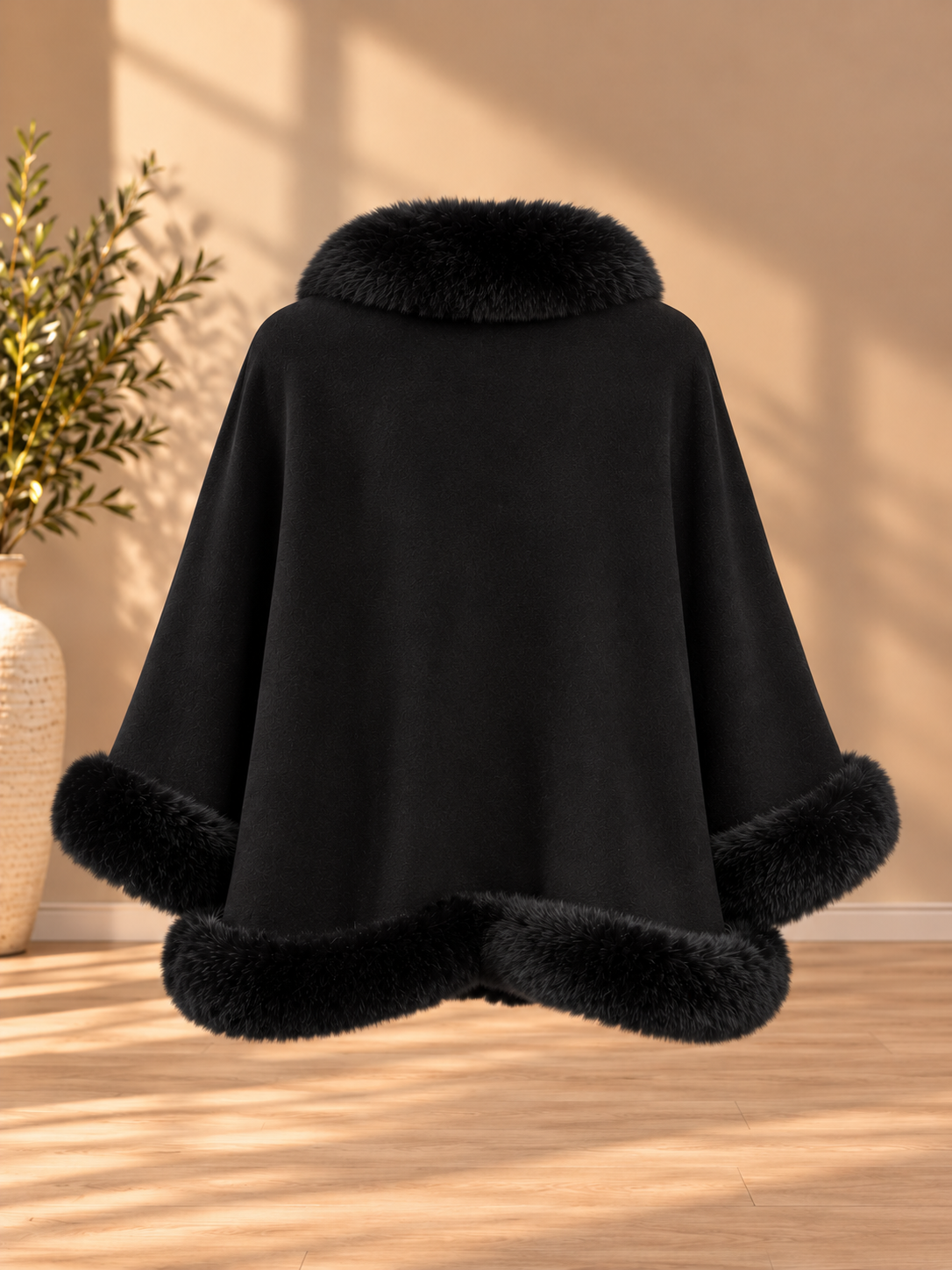 Cape with Faux-Fur Trim in Black