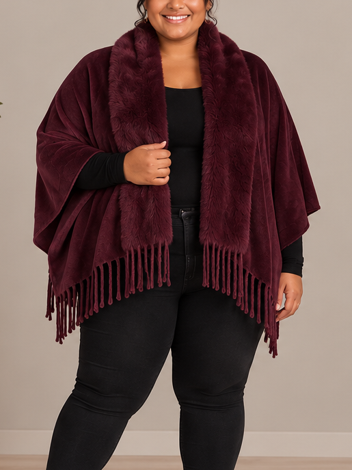 Shawl with Faux Fur Trim in Wine