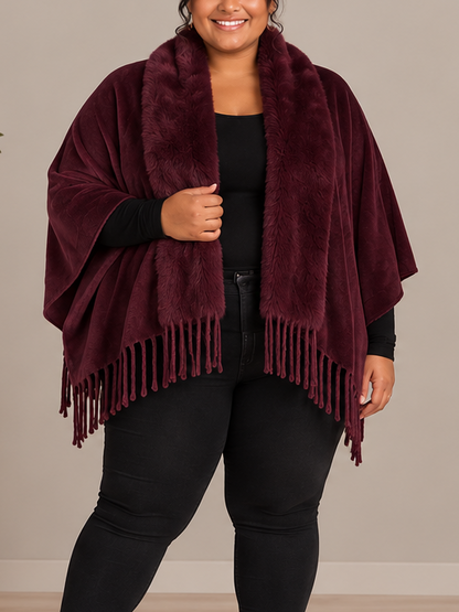 Shawl with Faux Fur Trim in Wine