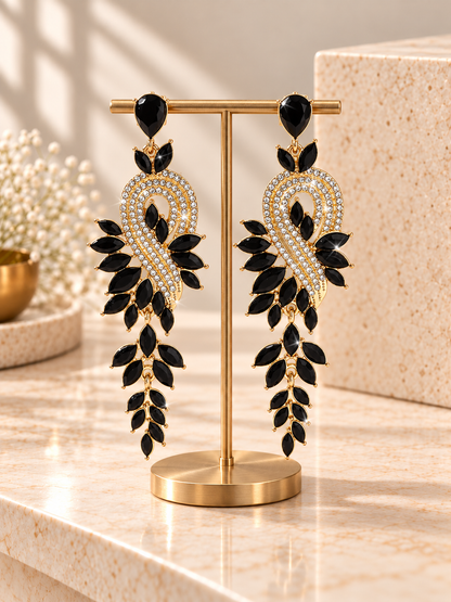 Crystal Leaf Earrings in Black and Green