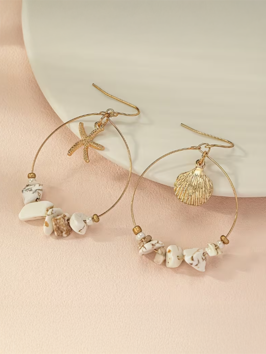 Beach Hoop Stone Earrings, earrings, front view