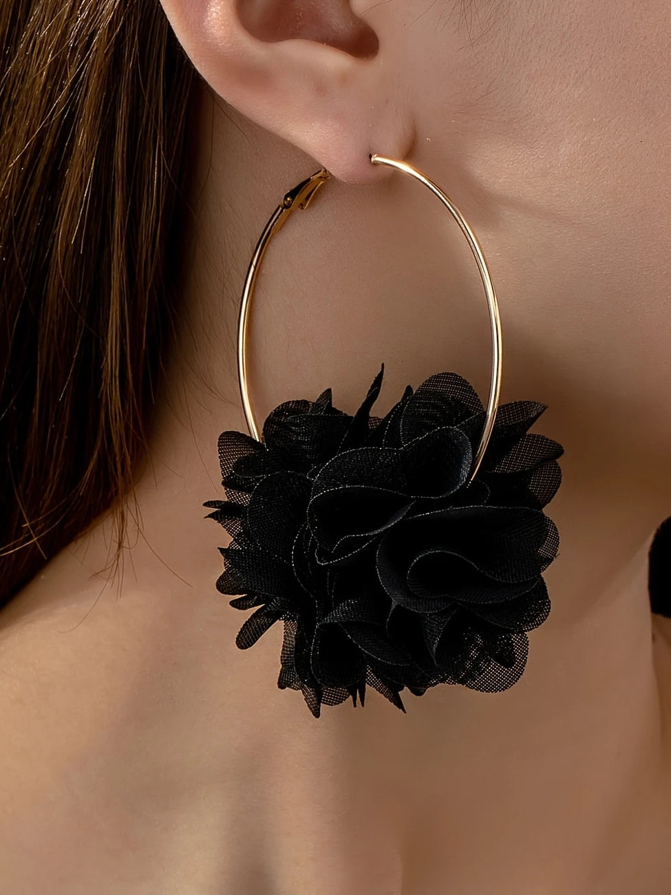 Black Flower Hoop Earrings, earrings, front view