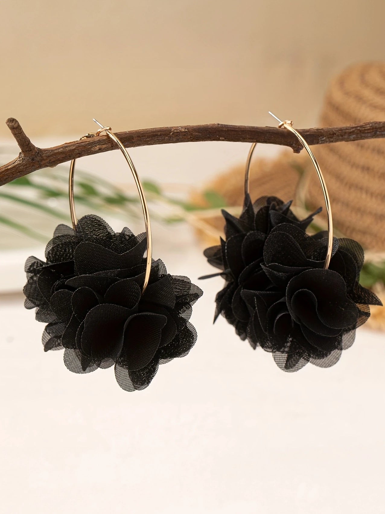 Black Flower Hoop Earrings, earrings, alternate view