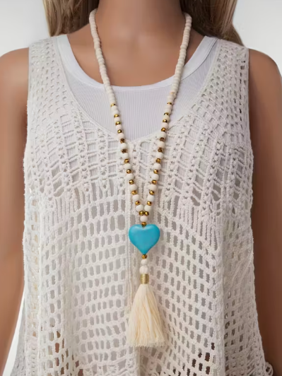 Bohemian Chic Beaded Heart Necklace, necklace, product view