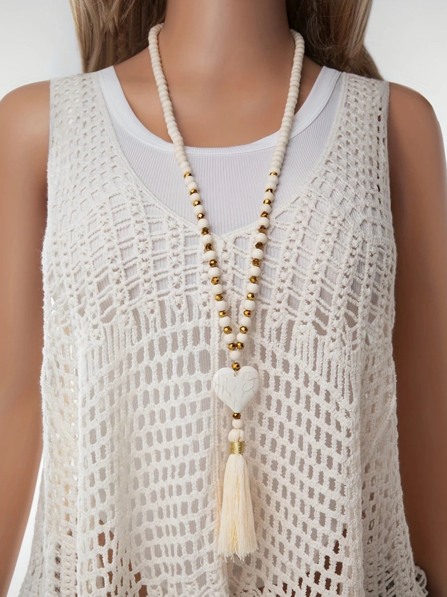 Bohemian Chic Beaded Heart Necklace, necklace, product view