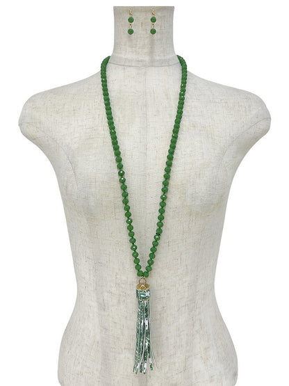 Floral Tassel Glass Bead Long Necklace Set, necklace, alternate view