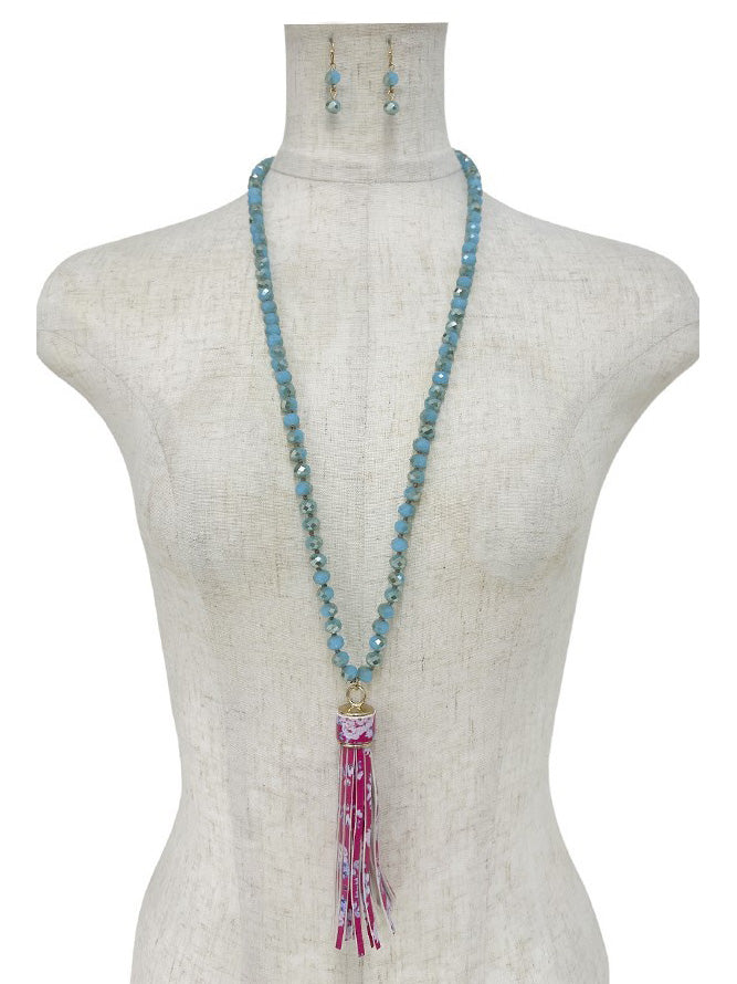 Floral Tassel Glass Bead Long Necklace Set, necklace, front view