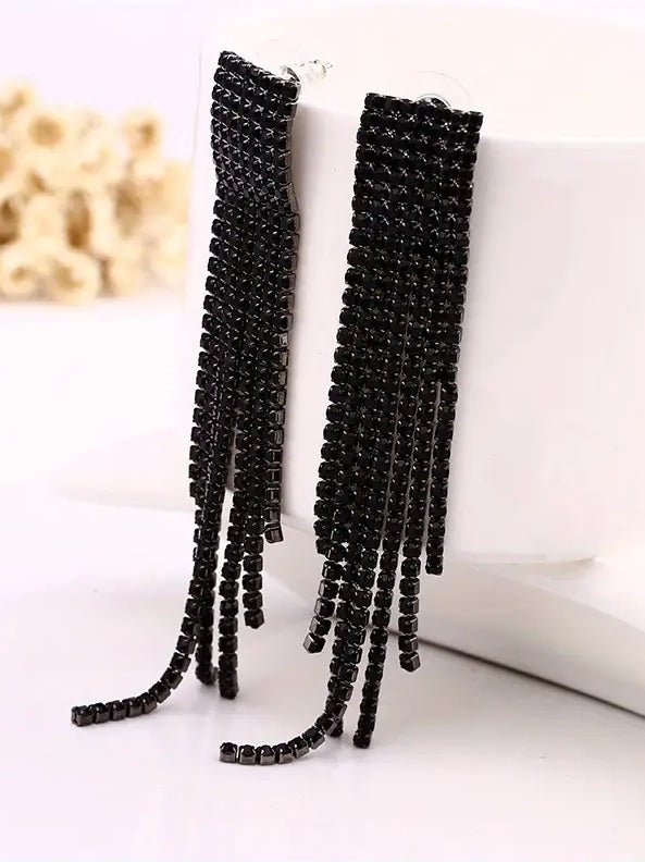 Chic Rhinestone Dangle Earrings in Black, earrings, front view