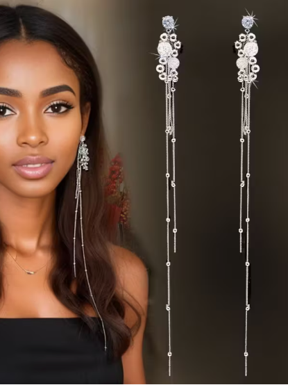 Elegant Rhinestone Tassel Earrings, earrings, front view