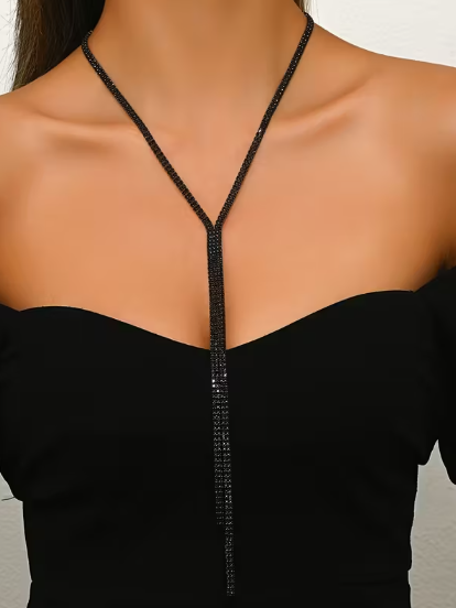 Elegant V-neck Necklace in Black, necklace, alternate view