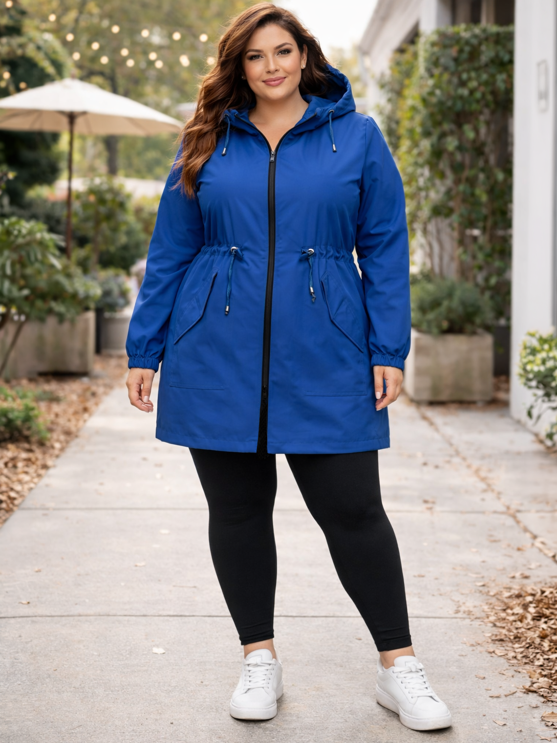 Esperanza Hooded Plus Size Jacket in Royal Blue, plus size outerwear, styled view