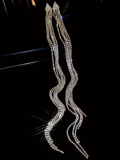 Exaggerated Long Rhinestone Tassel Earrings, earrings, alternate view