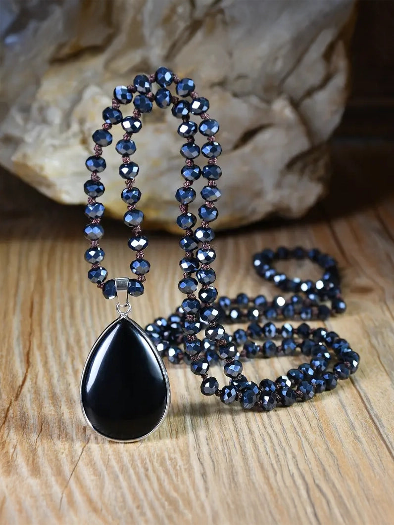 Handmade Beaded Long Pendant Necklace With Natural Stone, earrings, alternate view