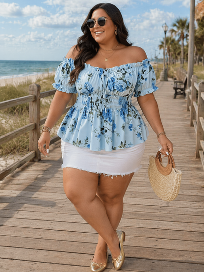 Karry Off-Shoulder Plus Size Top in Blue, plus size top, detail view