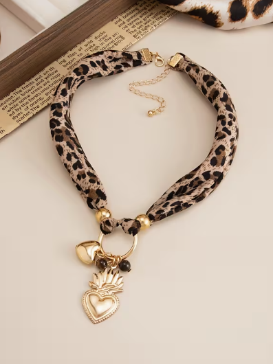 Leopard Scarf Heart Pendant Necklace, necklace, front view