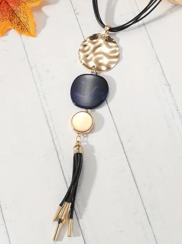 Multi Disc Long Pendant Necklace with Tassel, earrings, alternate view