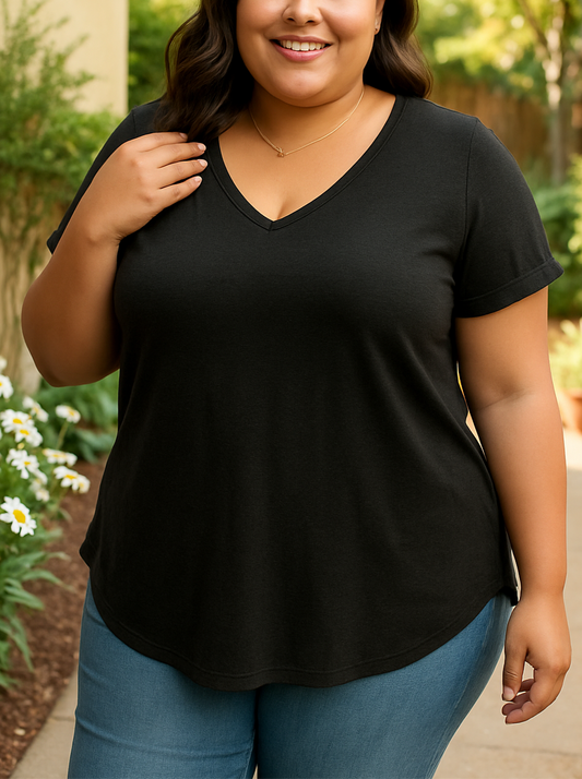 Neva Perfect Plus Size V-neck T-shirt in Black, plus size t-shirt, front view