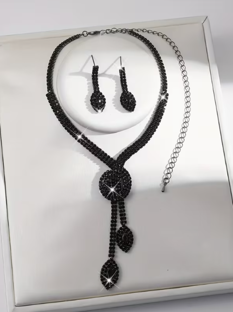 Rhinestone Necklace and Earring Set in Black, earrings, front view