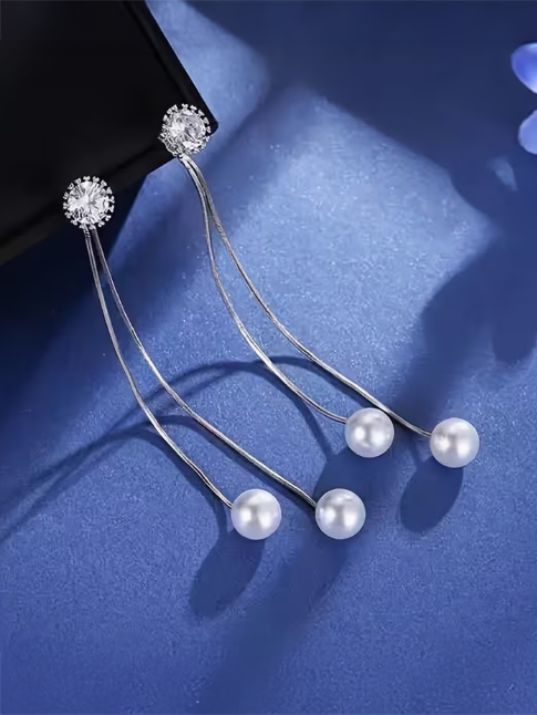 Rhinestone Pearl Drop Earrings, earrings, front view