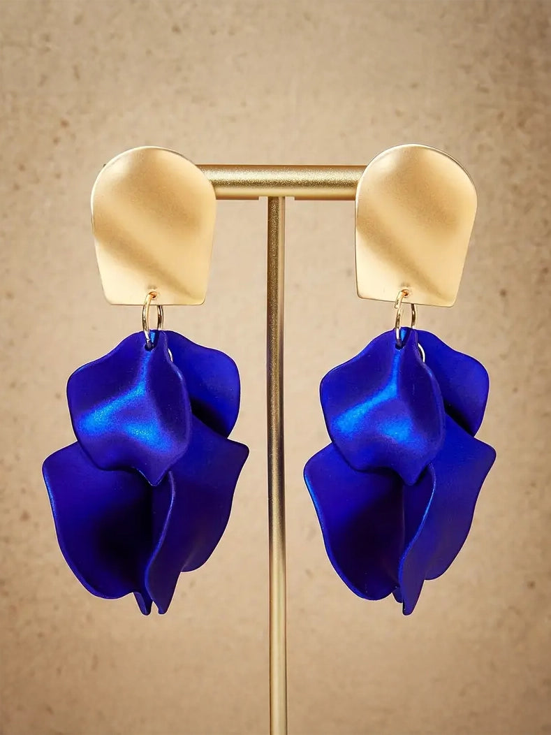 Rose Petal Dangle Earrings in Electric Blue, earrings, front view