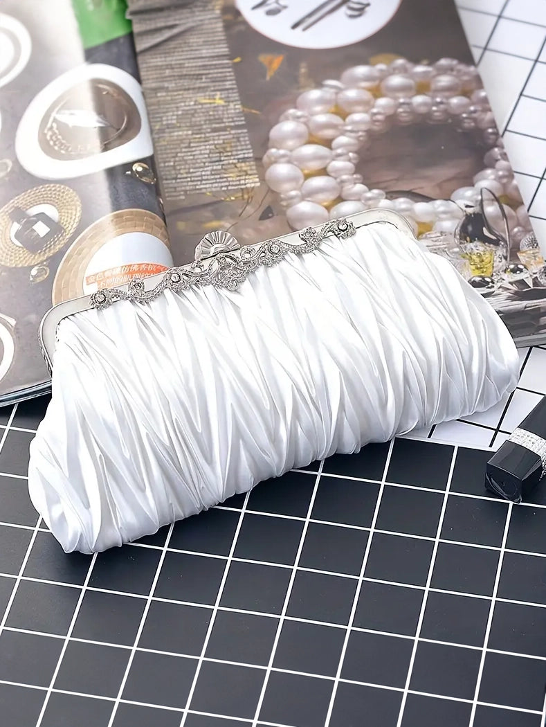 Satin Ruched Evening Clutch in White, clutch, front view