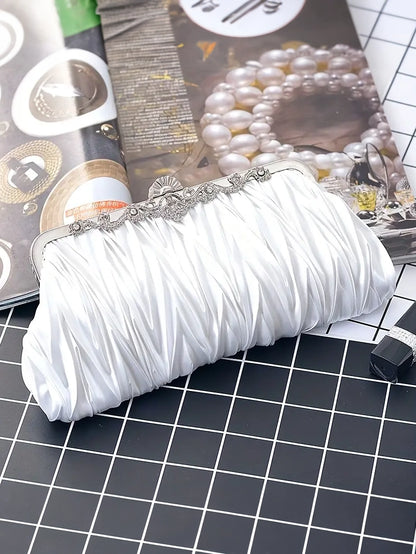 Satin Ruched Evening Clutch in White, clutch, front view