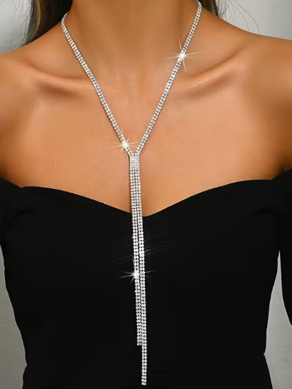 Elegant V-neck Silver Necklace, earrings, front view