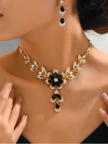 Flower Two Tone Necklace set, necklace, alternate view