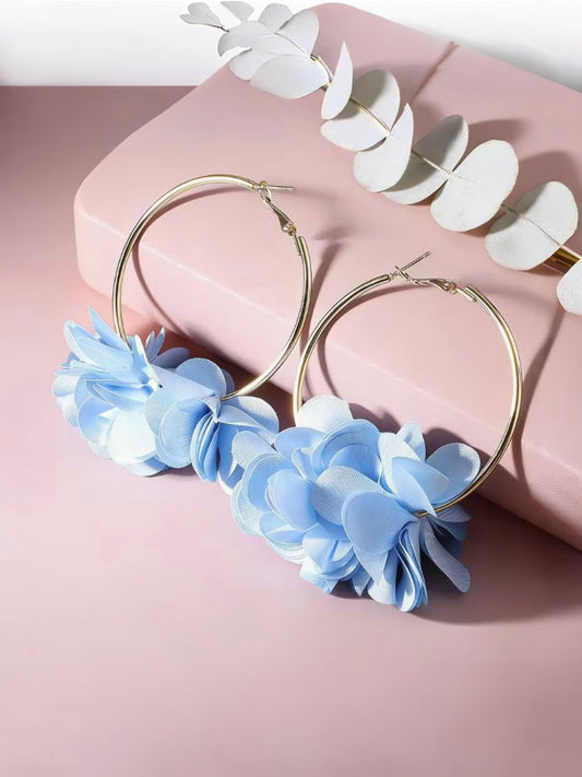 Sky Blue Floral Hoop Earrings, earrings, front view