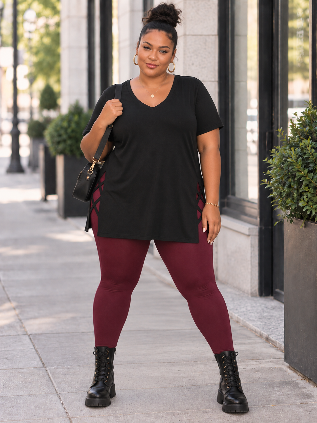Stef Long Plus Size T-shirt with Lattice in Black