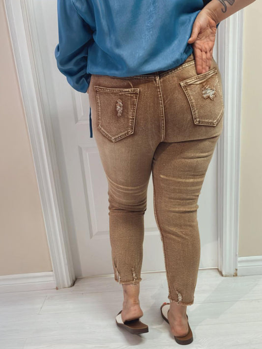 Yvette Plus Size Distressed Girlfriend Jeans in Tan, plus size jeans, front view