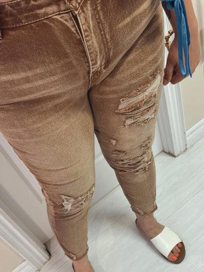 Yvette Plus Size Distressed Girlfriend Jeans in Tan, plus size jeans, alternate view