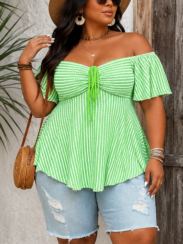Nautical Off Shoulder Plus Size Top in Bright Green