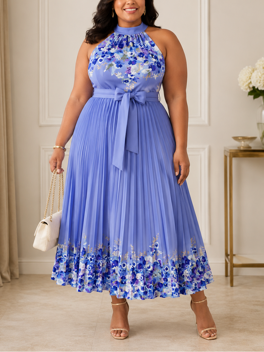 Azure Blossom Pleated Plus Size Dress