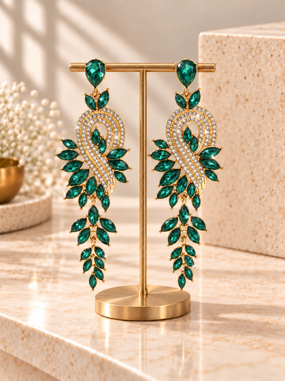Crystal Leaf Earrings in Black and Green